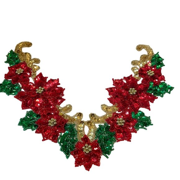 Handmade Sequin Magic Poinsettia Collar and Heart Note, Stars and Leaf Gold Red - Picture 4 of 12